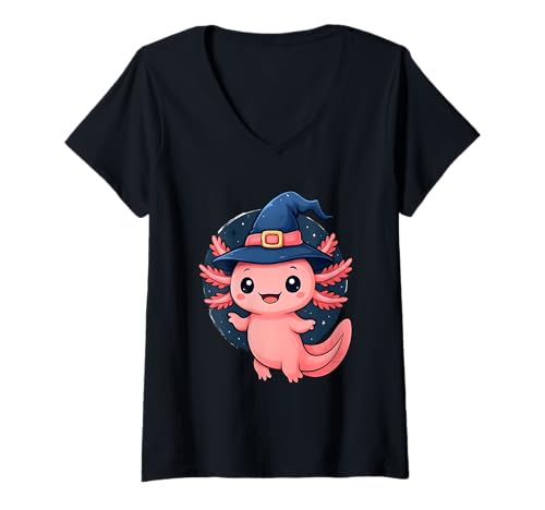 Damen Halloween Axolotl Zauberer Kostüm T-Shirt mit V-Ausschnitt Damen Halloween Axolotl Zauberer Kostüm T-Shirt mit V-Ausschnitt von gruselig Kinder Verkleidung Geschenkidee