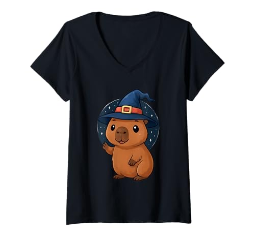 Damen Halloween Capybara Zauberer Kostüm T-Shirt mit V-Ausschnitt Damen Halloween Capybara Zauberer Kostüm T-Shirt mit V-Ausschnitt von gruselig Kinder Verkleidung Geschenkidee