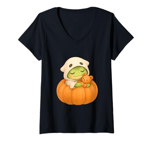 Damen Halloween Frosch Kürbis Kostüm T-Shirt mit V-Ausschnitt Damen Halloween Frosch Kürbis Kostüm T-Shirt mit V-Ausschnitt von gruselig Kinder Verkleidung Geschenkidee
