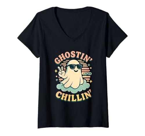Damen Halloween Geist Grusel Kostüm T-Shirt mit V-Ausschnitt von gruselig Kinder Verkleidung Geschenkidee
