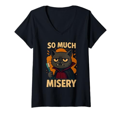 Damen Halloween Katze Spruch Kostüm T-Shirt mit V-Ausschnitt von gruselig Kinder Verkleidung Geschenkidee