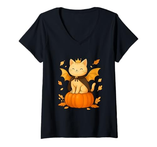 Damen Halloween Katze Vampir Kostüm T-Shirt mit V-Ausschnitt von gruselig Kinder Verkleidung Geschenkidee