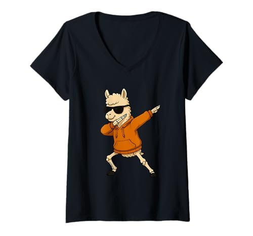 Damen Halloween Lama Dabbing Kostüm T-Shirt mit V-Ausschnitt von gruselig Kinder Verkleidung Geschenkidee