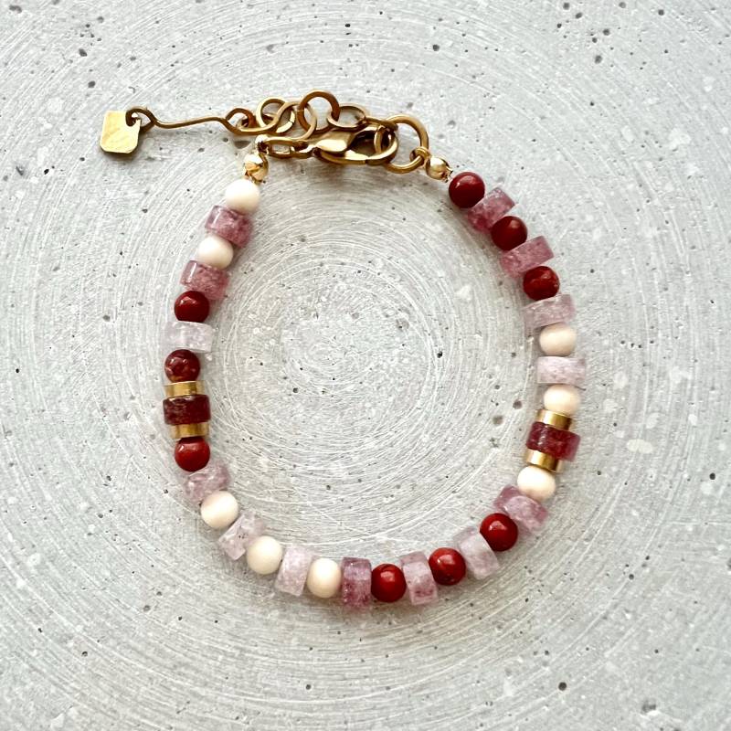 Erdbeerquarz Armband Mit Jaspis Und Fossilperlen, Rosa Rotes Schmuckstein Erdbeerquarz Armband Mit Jaspis Und Fossilperlen, Rosa Rotes Schmuckstein von gudbling