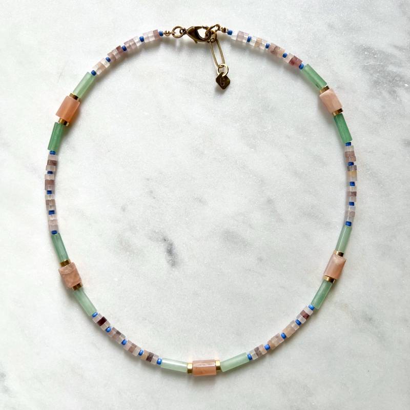 Surferkette Mit Quarz Und Sonnenstein, Mehrfarbige Gemischte Schmuckstein Glasperlen Halskette, Perlenkette Surferkette Mit Quarz Und Sonnenstein, Mehrfarbige Gemischte Schmuckstein Glasperlen Halskette, Perlenkette von gudbling