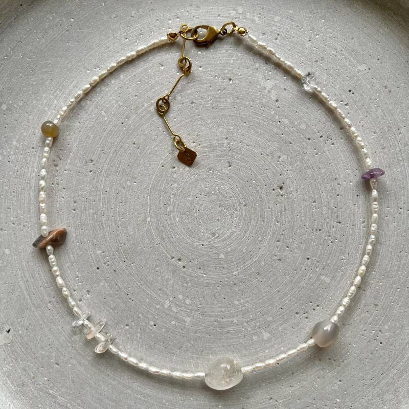 Vintage Schmuckstein Halskette Mit Süßwasserperlen, Rosenquarz, Achat, Collier Für Braut Vintage Schmuckstein Halskette Mit Süßwasserperlen, Rosenquarz, Achat, Collier Für Braut von gudbling