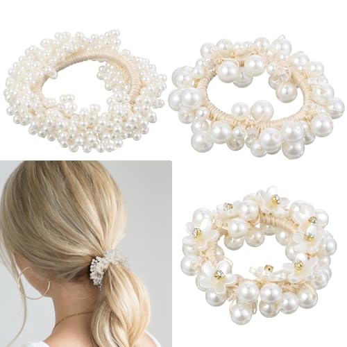 Guduling 3 Stück Perlen Haargummi Damen,Haargummis mit Perlen,Kinder Haarschmuck,Scrunchies Zopfgummi mit Weiß Perle,Elastische Haargummi Damen für Frauen und Mädchen von guduling