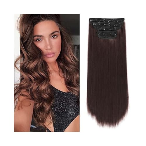 Clip in Extensions 4 Stück/Set 61 cm langes, glattes, dickes Haarteil, Kunsthaar-Clip-in-Haarverlängerung for Frauen, 180 g, Vollkopf-Kunsthaarverlängerung mit 11 Clips Clip in Haarverlängerungen(Dark von guiling-1986