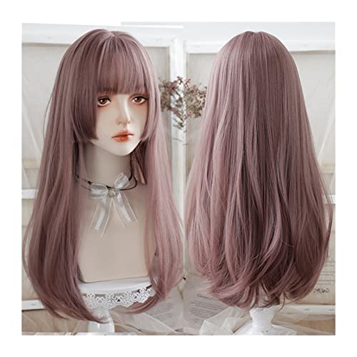 Perücken 61 cm lang, glattes Haar, synthetische Perücke for Frauen, Mädchen, rosa, dünne Rattan-Pony-Perücke, natürliche, hitzebeständige, tägliche Cosplay-Party-Perücke Damenperücke von guiling-1986