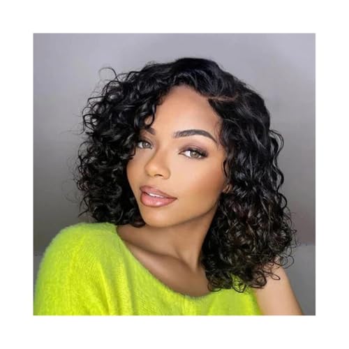 Perücken Echthaarperücke, lockige Perücken for Frauen, echtes Menschenhaar, klebefreie Perücke, brasilianischer T-Teil, transparente Spitze vorne, vorgezupft Damenperücke(14inches) von guiling-1986