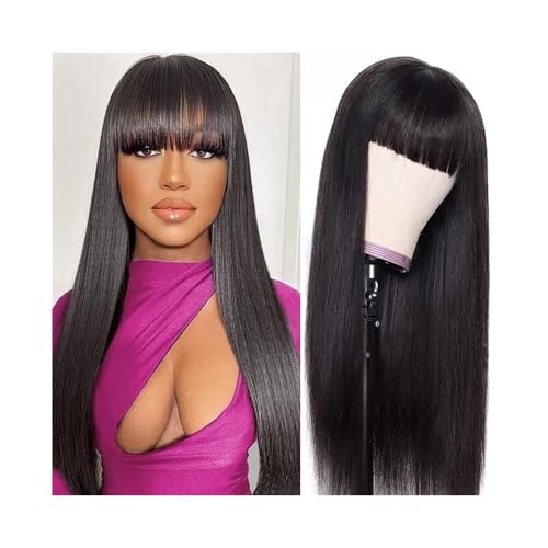 Perücken Glatte Echthaarperücken mit Pony, maschinengefertigte Vollperücke, ohne Spitze, for schwarze Frauen Damenperücke(30inches) von guiling-1986