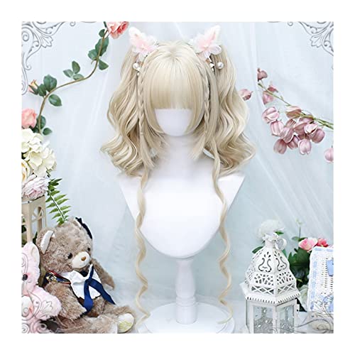 Perücken Synthetische Lolita Cosplay Perücke, langes glattes Haar, geflochtene Perücke mit ordentlichem Pony, doppelter Pferdeschwanz, Hochtemperatur-Faserperücke for Mädchen und Frauen Damenperücke ( von guiling-1986