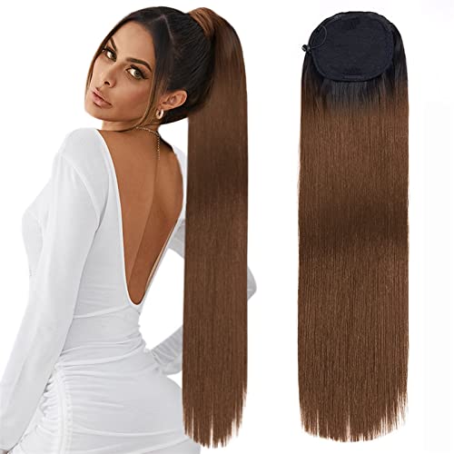 Pferdeschwanz Haarteil Synthetischer langer gerader Pferdeschwanz Kordelzug Pferdeschwanz Clip In Haarverlängerungen for Frauen Hitzebeständiges Kunsthaar Pferdeschwanz Haarverlängerung(Color:T2-30,Si von guiling-1986