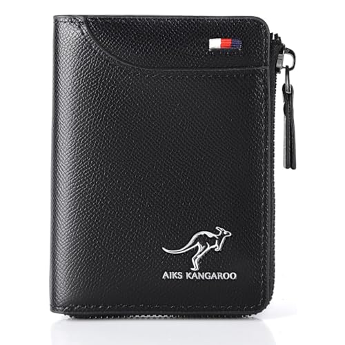 guluxly Herren-Geldbörse, Reißverschluss, echtes Leder, Känguru-Geldbörse, PU, stilvoll, weich, schlichtes Design, RFID-geschützte Geldbörse, Textur: Schwarz von guluxly