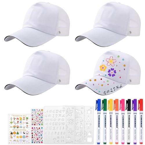 4 Stück DIY Kappe für Kinder Baumwolle Weiß Mesh-baseballmütze Baseballcap Zum Bemalen Graffiti Kappe mit Textilstifte Aufklebern Geschenkbox Malbuch Malvorlagen für Kinder Wandert im Freien Outdoor von guobinZH