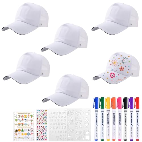 6 Stück DIY Kappe für Kinder Baumwolle Weiß Mesh-baseballmütze Baseballcap Zum Bemalen Graffiti Kappe mit Textilstifte Aufklebern Geschenkbox Malbuch Malvorlagen für Kinder Wandert im Freien Outdoor von guobinZH
