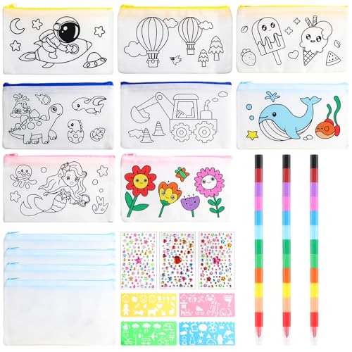 guobinZH 12 Stück Federmäppchen Zum Bemalen mit Motiv für Kinder 6 7 8 9 10 11 12 Jahre Mädchen Jungen Geschenke Kindergeburtstag DIY Blanko Stoffbeutel mit Reißverschluss Taschen Mäppchen Bastelset von guobinZH