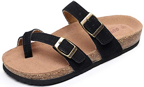guoluofei Damen Kork-Fußbett Slide Sandalen mit verstellbarem Riemen-Schnalle, Kuh-Wildleder Casual Sandalen für Damen/Mädchen, Schwarz (schwarz), 43 EU von guoluofei