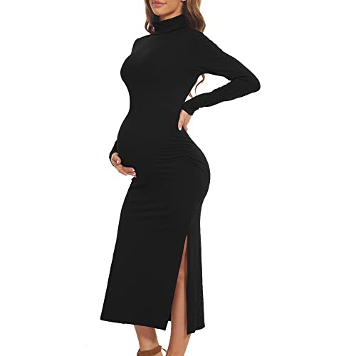 Rollkragen & Langarm Umstandskleid für Fotoshooting Causal Baby Shower, Winter Split Geraffte Bodycon Schwangerschaft Kleidung, Schwarz, XX-Large von guruixu