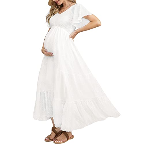 Swiss Dot Gesmoktes Umstandskleid für Babyparty Fotoshooting Casual Sommer V Ausschnitt Rüschen Ärmel Empire Taille Boho Kleid, B Weiß, Groß von guruixu