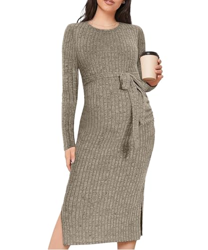 guruixu Crewneck Umstandskleid Rippstrick Langarm Fotoshooting Baby Dusche Kleider Schlitz Schwangerschaft Pullover Kleidung mit Gürtel, Khaki, X-Groß von guruixu