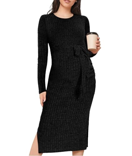 guruixu Crewneck Umstandskleid Rippstrick Langarm Fotoshooting Baby Dusche Kleider Schlitz Schwangerschaft Pullover Kleidung mit Gürtel, Schwarz, Groß von guruixu