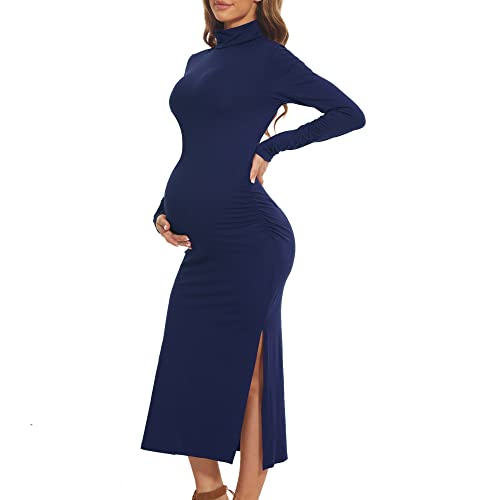 guruixu Rollkragen & Langarm Umstandskleid Fotoshooting Baby Dusche Kleider Herbst Seite Geraffte Schlitz Schwangerschaft Bodycon Kleid, Marineblau, Klein von guruixu