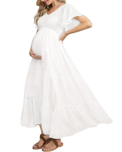 guruixu Swiss Dot Gesmoktes Umstandskleid für Babyparty Fotoshooting Casual Sommer V Ausschnitt Rüschen Ärmel Empire Taille Boho Kleid, B Weiß, Mittel von guruixu