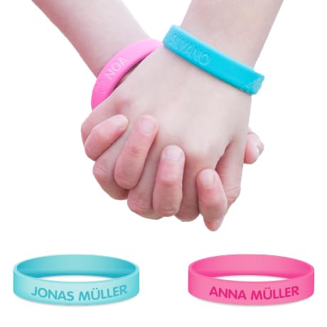 gutmarkiert – 2er Set Personalisierbare SOS-Armband für Kinder aus Silikon, graviert mit Name & Telefonnummer – wasserdichte Notfallarmband für Kinder, besonders langlebig – Farbe wählbar von gutmarkiert