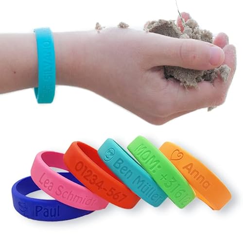 gutmarkiert – Personalisierbares SOS-Armband für Kinder aus Silikon, graviert mit Name & Telefonnummer – wasserdichtes Notfallarmband für Kinder, besonders langlebig – Farbe wählbar von gutmarkiert