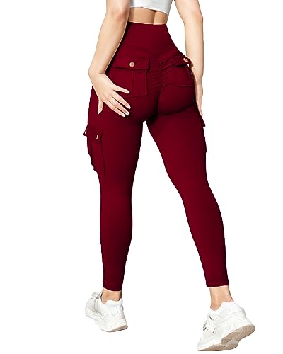 gymfrog Scrunch Butt Lifting Leggings mit Taschen, nahtlos, hohe Taille, Workout-Cargohose für Damen, #1 Burgunderrot, S von gymfrog