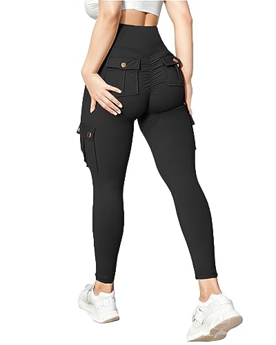 gymfrog Scrunch Butt Lifting Leggings mit Taschen, nahtlos, hohe Taille, Workout-Cargohose für Damen, #1 Schwarz, S von gymfrog