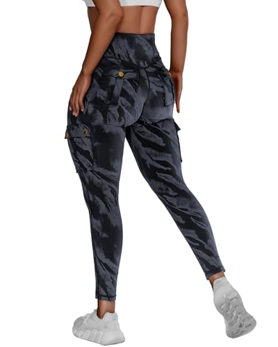 gymfrog Scrunch Butt Lifting Leggings mit Taschen, nahtlos, hohe Taille, Workout-Cargohose für Damen, Blau, Schwarz 1, Groß von gymfrog