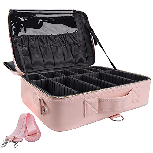 Kosmetiktasche, 3 Lagen Große Kapazität Professionelle PU Leder Make Up Organizer Tasche wasserdichte Reise Portable Artist Schminkkoffer mit Verstellbaren Teilern und Riemen, 16" Pink von gzcz