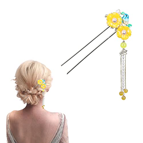 Haarstäbchen, Antike U-förmige Haarnadel, Haarstäbchen, Haarnadeln zur Haarknotenfixierung, U-förmige Haarnadeln mit doppelter Blume, Haarspangen, Zubehör for Frauen und Mädchen(Yellow) von hOnYbmq