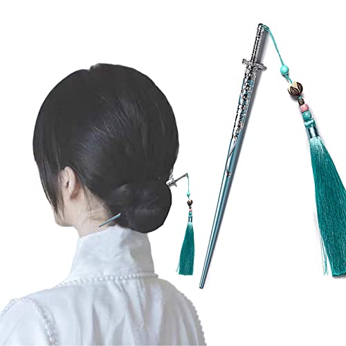 Haarstäbchen, Antiker Stil Schwert-Haarnadel, chinesischer Stil, Haar-Essstäbchen, Schwert-Haarstäbchen for Dutt mit roter Quaste, Haar-Accessoires for Frauen und Mädchen, langes Haar(Green) von hOnYbmq
