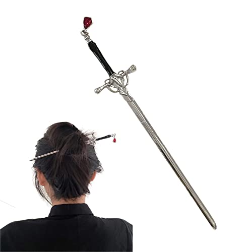 Haarstäbchen, Antiker Stil Schwert-Haarstäbchen, chinesischer Stil, Haarnadel, Schwert-Haarstäbchen for Dutt mit rotem Edelstein, Haarschmuck for Frauen und Mädchen, langes Haar, Silber(Sliver) von hOnYbmq