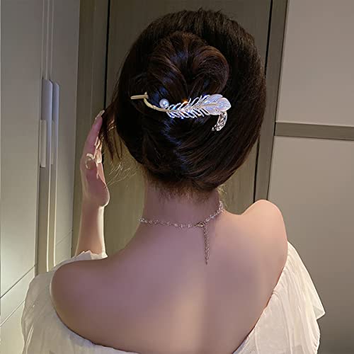 Haarstäbchen, Französischer Twist-N-Clip, Schiebe-Haarspangen, Haarspange, Haarnadeln zur Dutt-Fixierung, Diamant-Perlen-Feder-Legierungs-Twist-Clip, Ein-Wort-Haarnadel-Haarspangen, Zubehör for Frauen von hOnYbmq