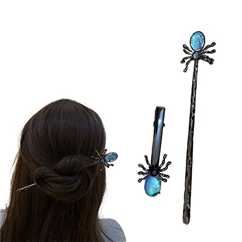 Haarstäbchen, Gotische Haarklammer for Dutt, Edelstein-Spinnen-Haarspange, Halloween-Haar-Accessoires for Frauen und Mädchen, langes Haar, Schwarz(2Pcs Black Hairstick Clip) von hOnYbmq