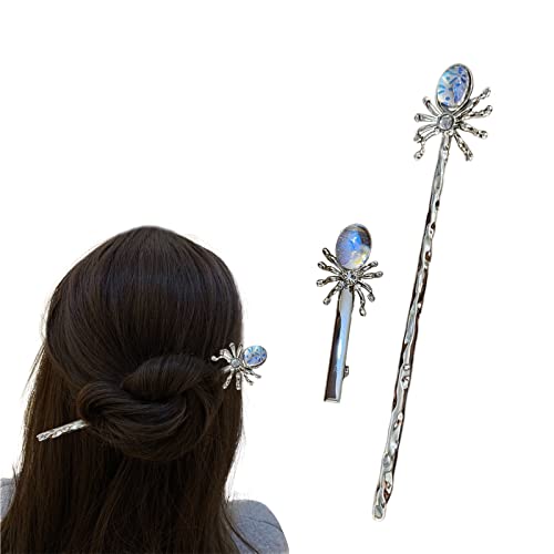 Haarstäbchen, Gotische Haarklammer for Dutt, Edelstein-Spinnen-Haarspange, Halloween-Haar-Accessoires for Frauen und Mädchen, langes Haar, Schwarz(2Pcs White Hairstick Clip) von hOnYbmq