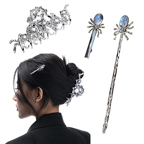 Haarstäbchen, Gotische Haarklammer for Dutt, Edelstein-Spinnen-Haarspange, Halloween-Haar-Accessoires for Frauen und Mädchen, langes Haar, Schwarz(3Pcs Black Combination) von hOnYbmq