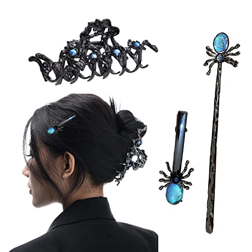 Haarstäbchen, Gotische Haarklammer for Dutt, Edelstein-Spinnen-Haarspange, Halloween-Haar-Accessoires for Frauen und Mädchen, langes Haar, Schwarz(3Pcs White Combination) von hOnYbmq