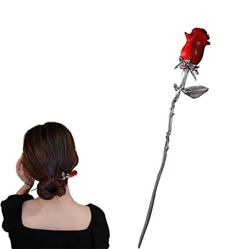 Haarstäbchen, Gun Black Haar-Essstäbchen, rote Rose, Metall-Haarnadel, Blumen-Haarstäbchen for Dutt-Haar-Accessoires for Frauen und Mädchen(Red2) von hOnYbmq