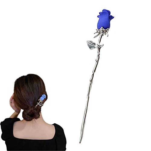 Haarstäbchen, Rosenhaar-Essstäbchen, Retro-Haarnadel, Blumen-Haarstäbchen for Dutt-Haar-Accessoires for Frauen und Mädchen, langes Haar, Rot(1Pack Blue) von hOnYbmq