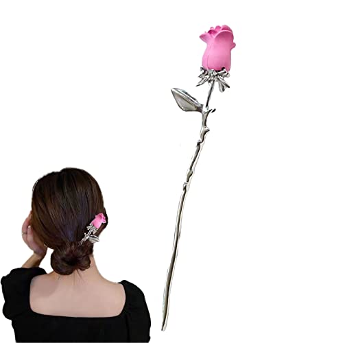 Haarstäbchen, Rosenhaar-Essstäbchen, Retro-Haarnadel, Blumen-Haarstäbchen for Dutt-Haar-Accessoires for Frauen und Mädchen, langes Haar, Rot(1Pack Pink) von hOnYbmq