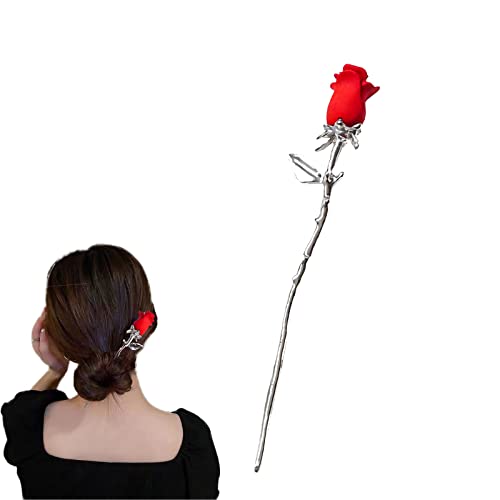 Haarstäbchen, Rosenhaar-Essstäbchen, Retro-Haarnadel, Blumen-Haarstäbchen for Dutt-Haar-Accessoires for Frauen und Mädchen, langes Haar, Rot(1Pack Red) von hOnYbmq