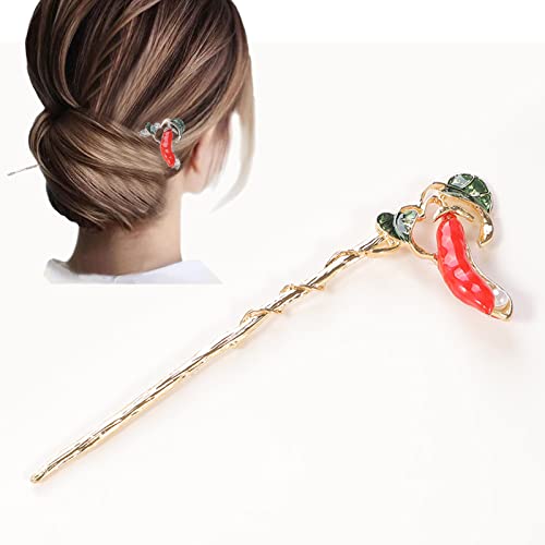 Haarstäbchen, Rote Pfeffer-Haarstäbchen, Comics-Haarnadel im chinesischen Stil, rote Haarstäbchen for Dutt mit weißer Perle, weihnachtlicher Haarschmuck for Frauen und Mädchen, Gold(Gold) von hOnYbmq