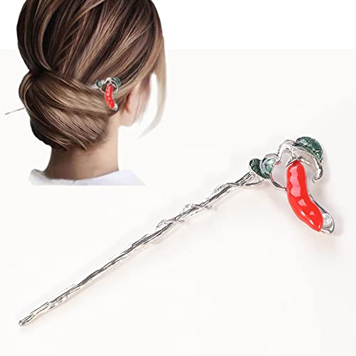 Haarstäbchen, Rote Pfeffer-Haarstäbchen, Comics-Haarnadel im chinesischen Stil, rote Haarstäbchen for Dutt mit weißer Perle, weihnachtlicher Haarschmuck for Frauen und Mädchen, Gold(Sliver) von hOnYbmq