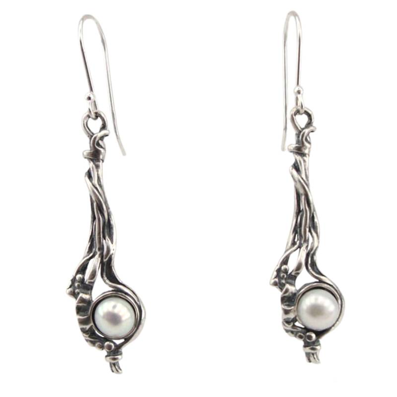 Filigrane Sterling Silber Perlen Ohrringe, Lang, Israelisch von hadarjewelry