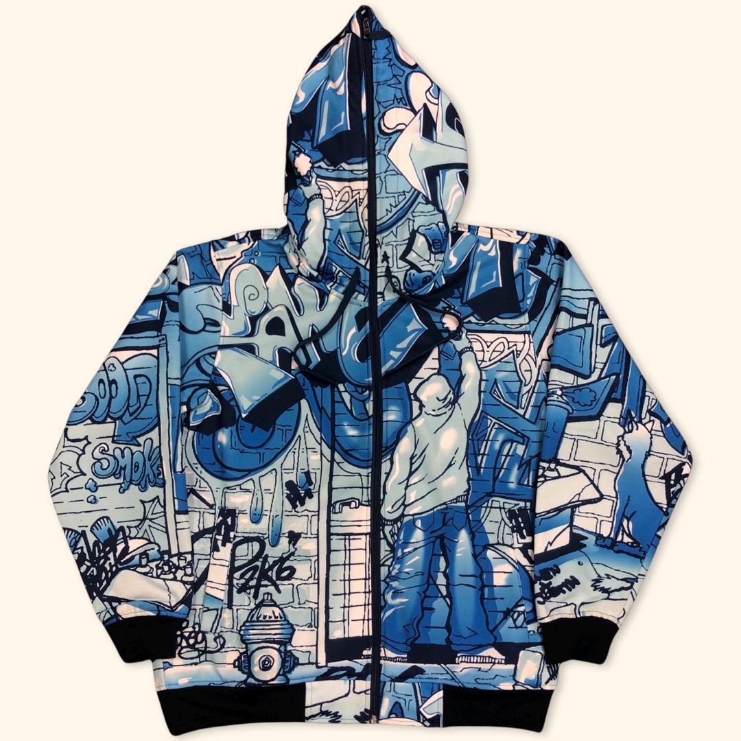 Raw Blue All Over Printed Oversized 2000S Graffiti Hip Hop Full Zipper | M/L Raw Blue All Over Printed Oversized 2000S Graffiti Hip Hop Full Zipper | M/L von haendmedown